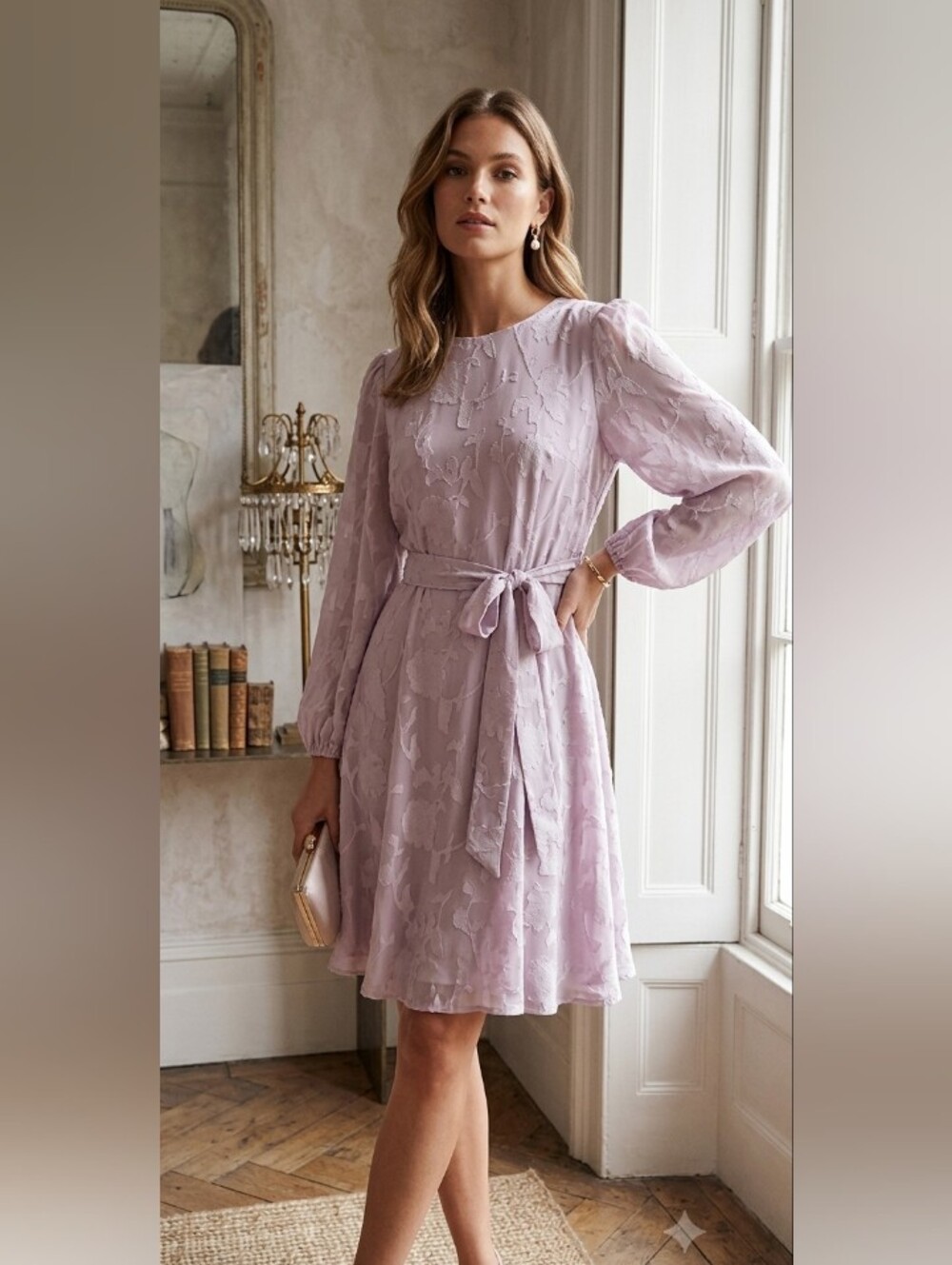 Maia Sheer Burnout Floral Bohemiam Coquette Long Sleeve  Midi Dress - Light Lila